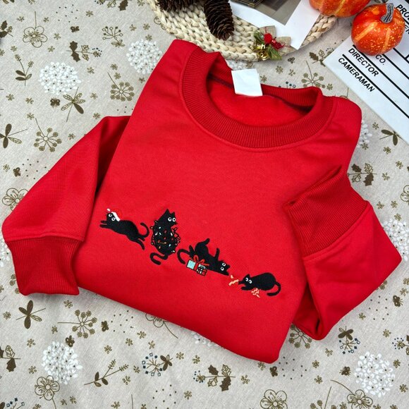 Christmas Cute Cat Embroidered Sweatshirt, Embroidered Funny Christmas Hoodie - Picture 4 of 7
